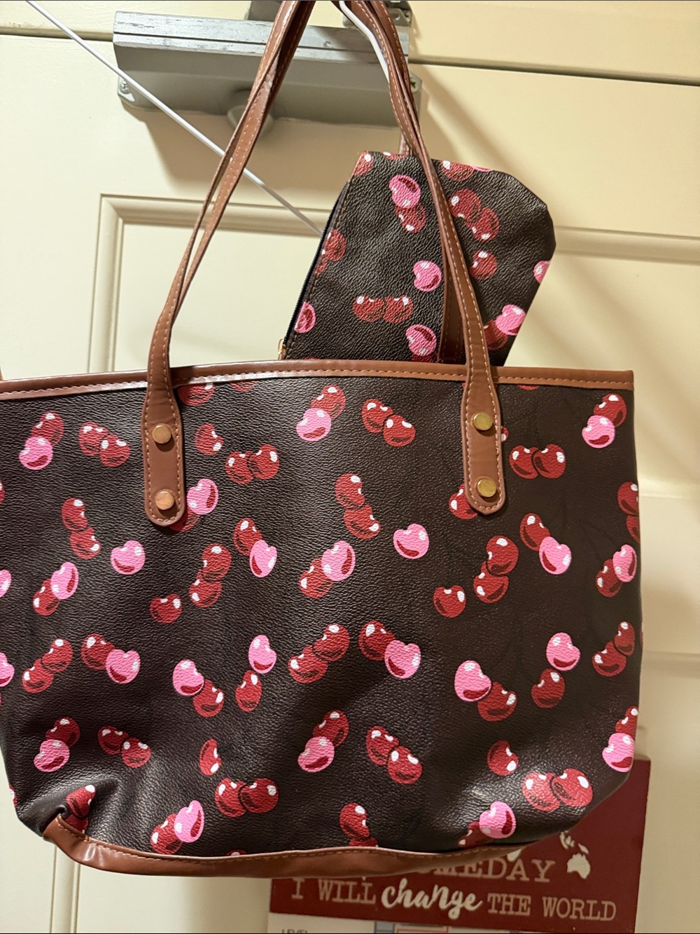 Brown Tote with Pink & Red Cherry Motif